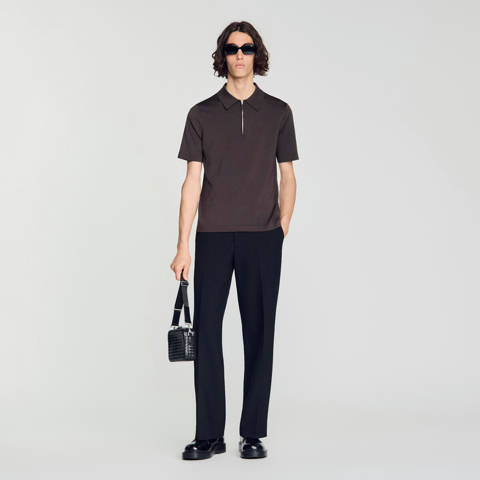 Sandro — Polo zippé en maille – Chocolat