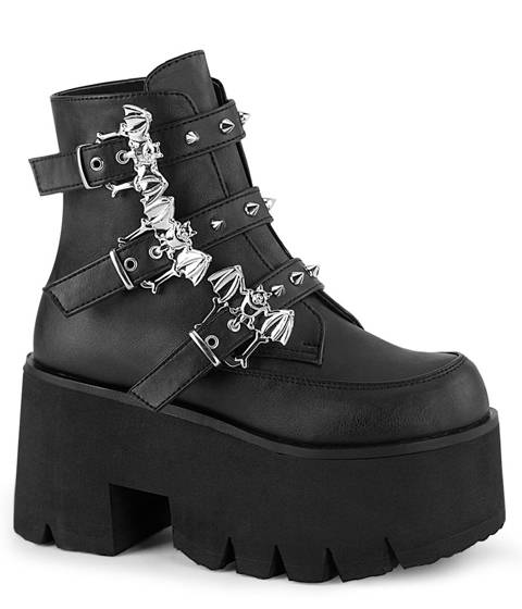 DEMONIA Cult — Bottines gothiques à plateforme et boucles chauve-souris – Noir